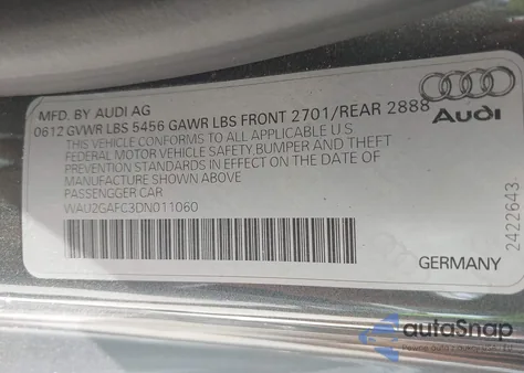 2013 Audi A7 3.0T Premium z USA, uszkodzony, nr VIN WAU2GAFC3DN011060